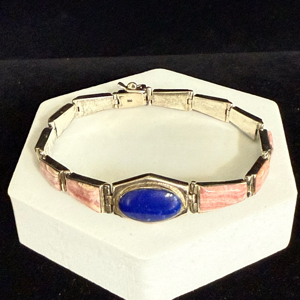 Vintage Sterling Silver Lapis And Spiny Oyster Link Bracelet